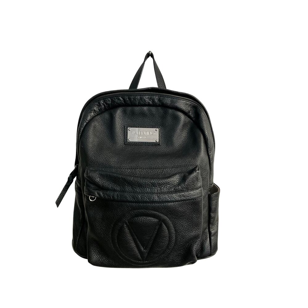 Valentino by Mario Valentino Black Pebbled Leather V Logo Backpack